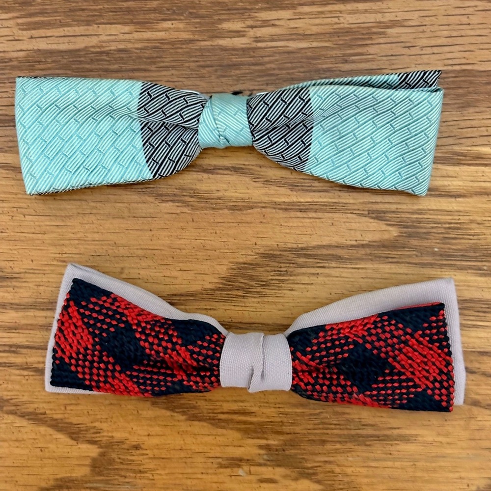 Vintage Ormond NYC Clip‎ On Bow Tie Set Mint Green Basketweave Red Plaid 2pc